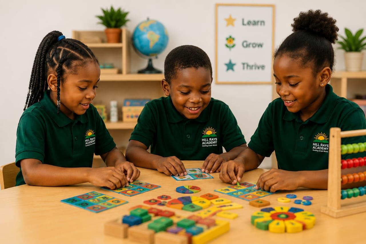 Hill Rays Academy pupils in their green uniforms enjoying a hands-on activity together