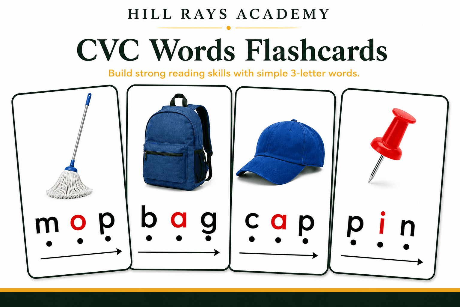 Hill Rays Academy CVC Words Flashcards — sample cards for mop, bag, cap and pin.