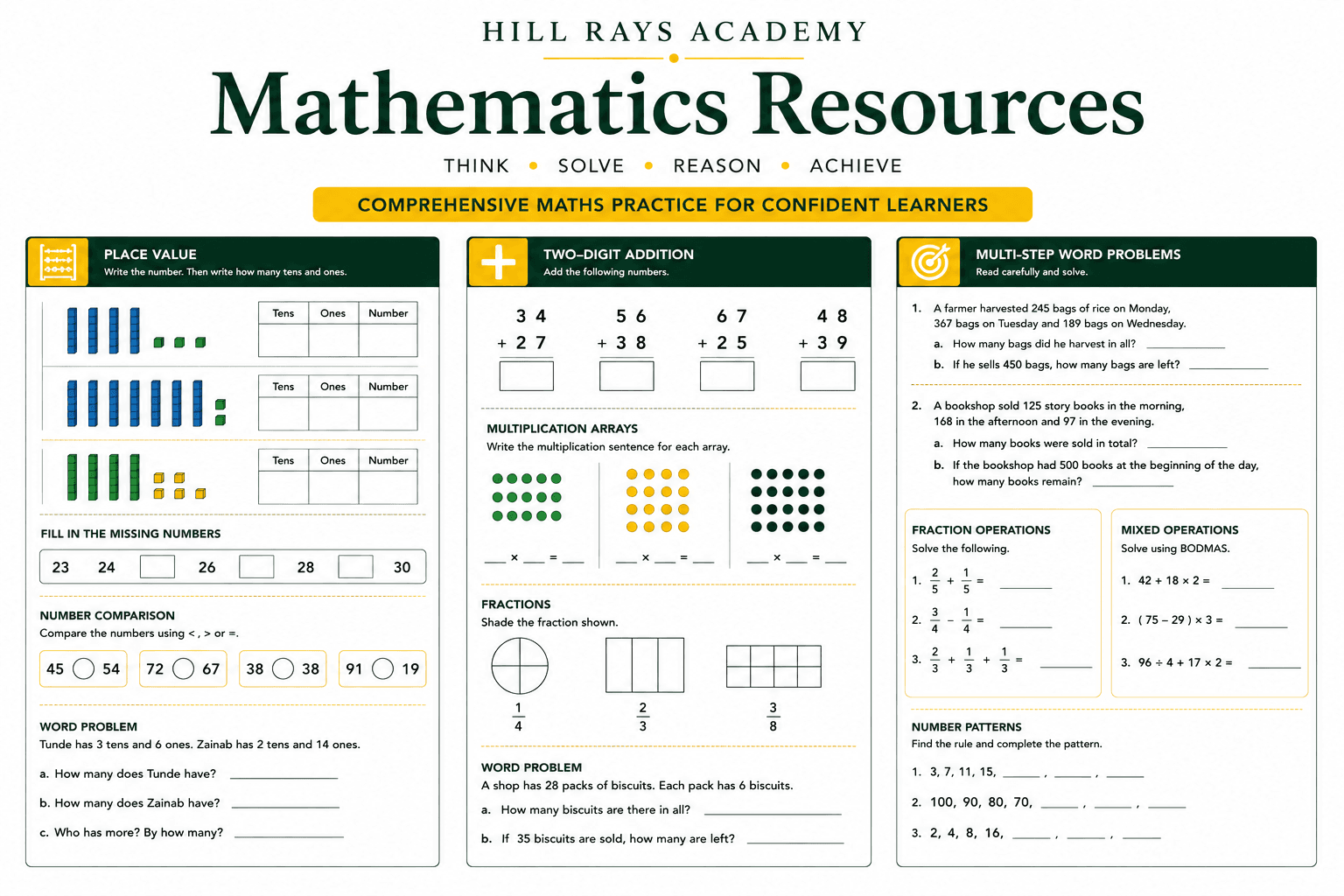 Hill Rays Academy Mathematics Resources preview covering place value, operations, fractions and word problems.