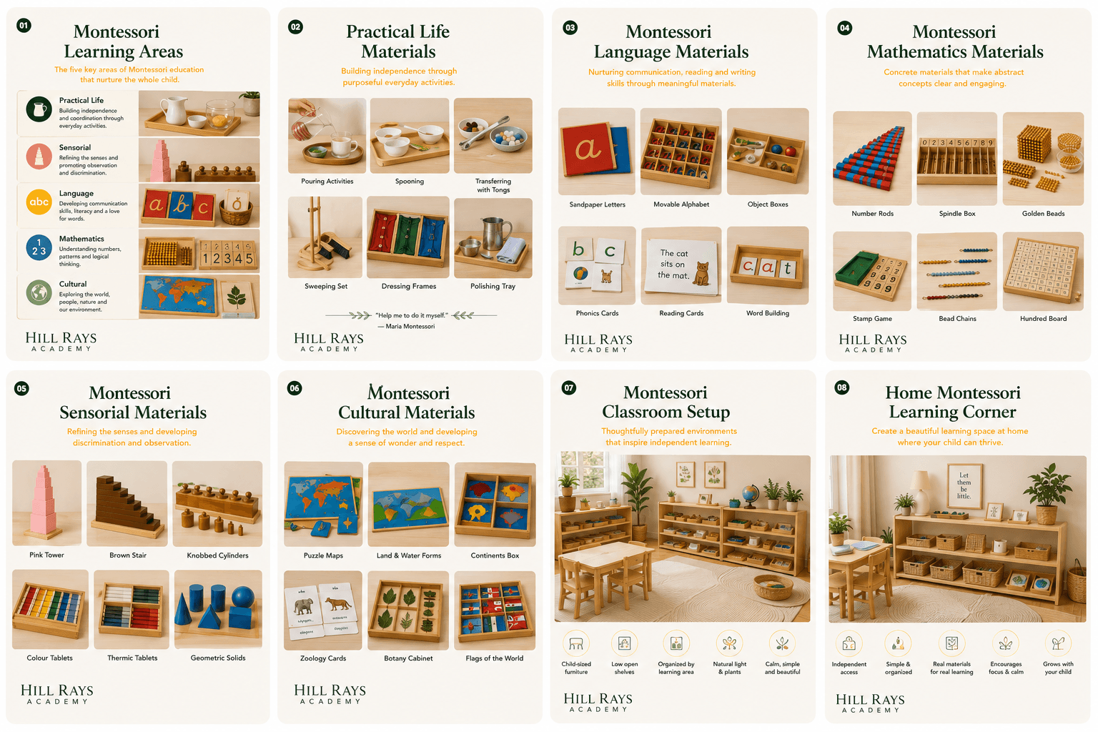 Hill Rays Academy Montessori-inspired Activities preview across practical life, sensorial, language, mathematics and cultural areas.