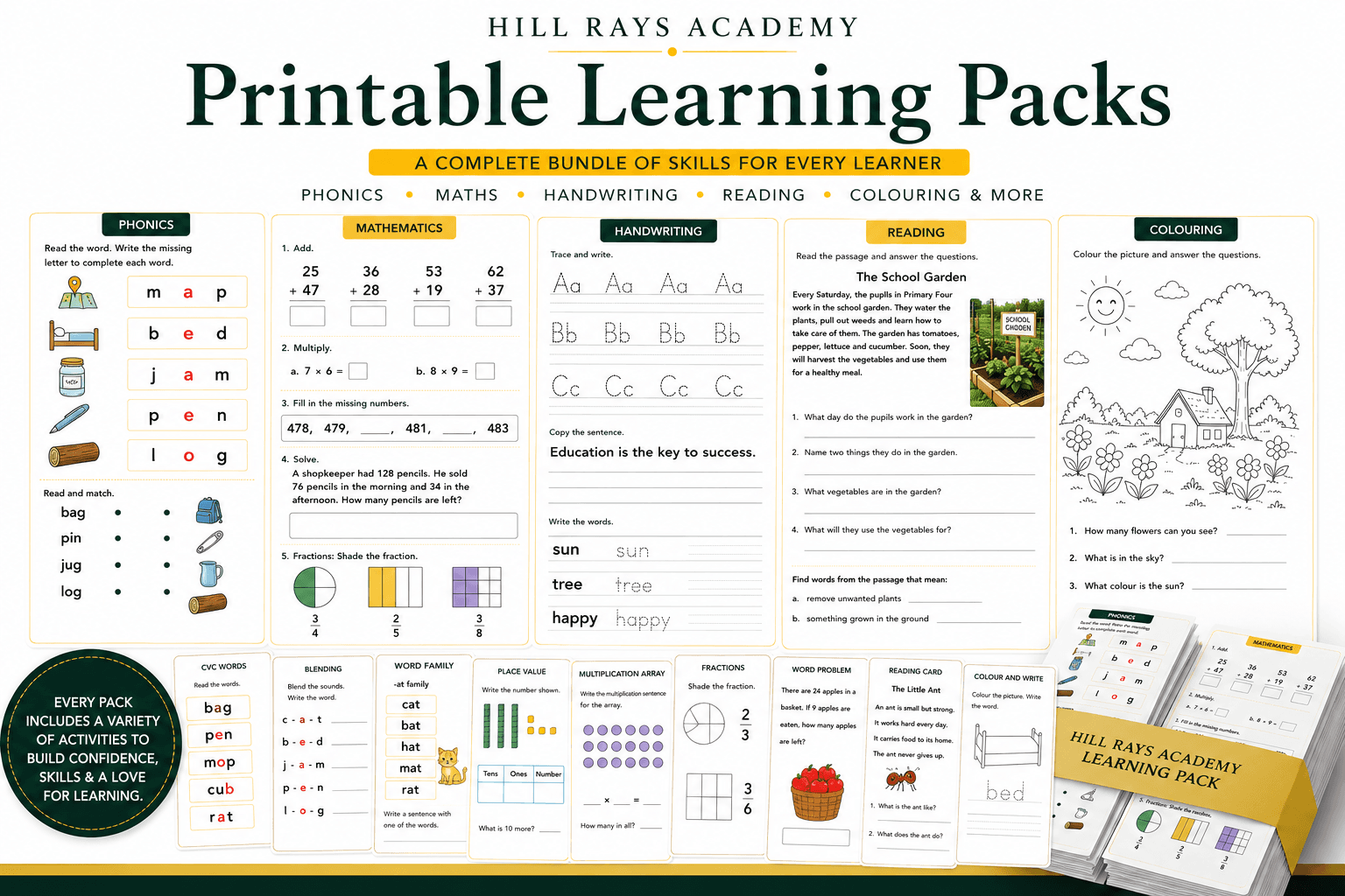 Hill Rays Academy Printable Learning Packs preview — a complete bundle of skills for every learner.