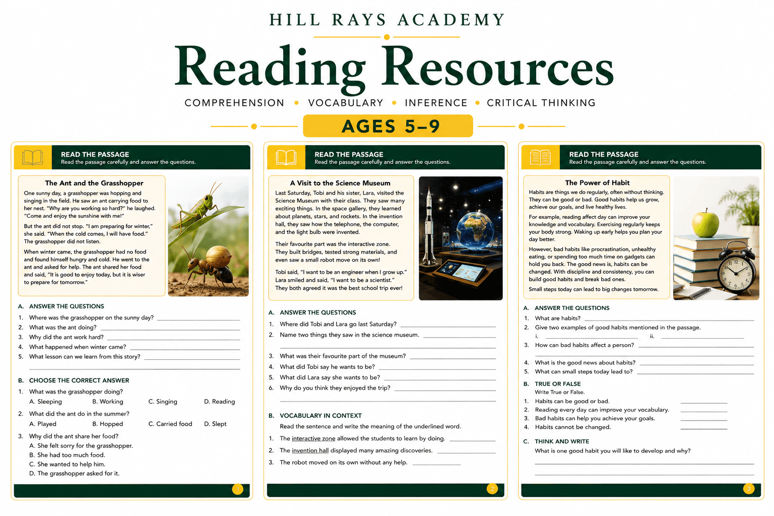 Hill Rays Academy Reading Resources preview covering comprehension, vocabulary, inference and critical thinking for ages 5–9.